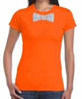 Feest oranje fun t-shirt met vlinderdas in glitter zilver dames