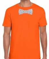 Feest oranje fun t-shirt met vlinderdas in glitter zilver heren