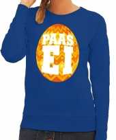 Feest paas sweater blauw met oranje ei voor dames