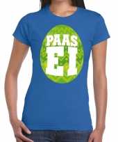 Feest paasei t-shirt blauw met groen ei voor dames