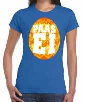 Feest paasei t-shirt blauw met oranje ei voor dames