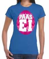 Feest paasei t-shirt blauw met roze ei voor dames