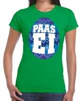 Feest paasei t-shirt groen met blauw ei voor dames