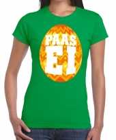Feest paasei t-shirt groen met oranje ei voor dames