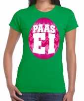 Feest paasei t-shirt groen met roze ei voor dames