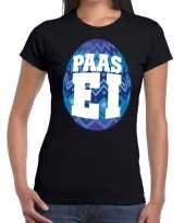 Feest paasei t-shirt zwart met blauw ei voor dames