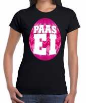 Feest paasei t-shirt zwart met roze ei voor dames