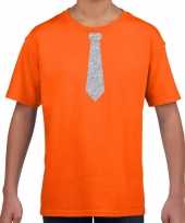 Feest stropdas zilver glitter t-shirt oranje voor kinderen