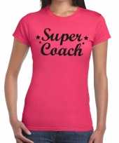 Feest super coach tekst t-shirt roze voor dames