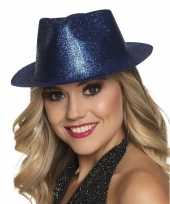 Feest toppers blauw trilby hoedje met glitters voor dames