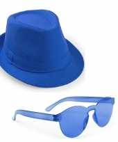 Feest toppers blauw trilby party hoedje met blauwe zonnebril