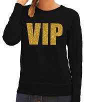 Feest vip tekst sweater trui zwart met gouden glitter letters dames