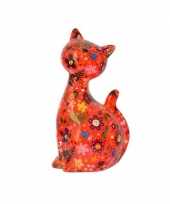 Feest xl spaarpot kat poes rood met bloemetjes 30 cm 10154210