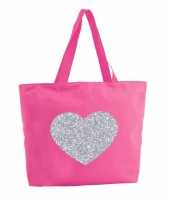 Feest zilveren hart glitter shopper tas fuchsia roze 47 cm