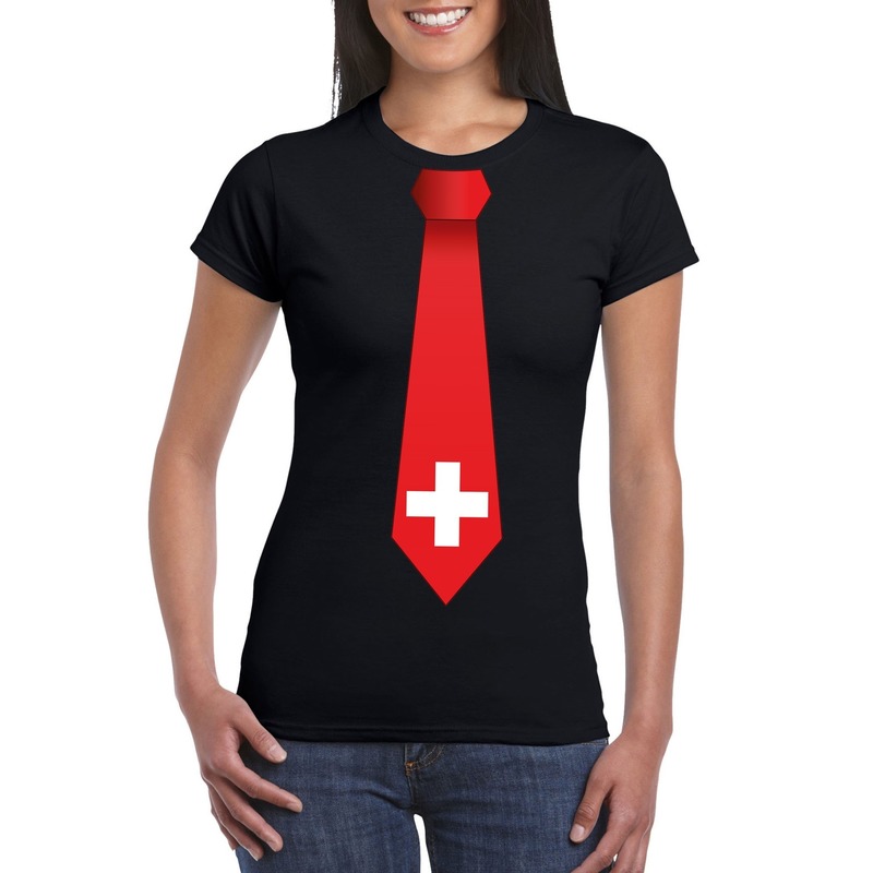 Feest zwart t-shirt met zwitserland vlag stropdas dames
