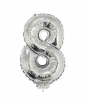 Zilveren opblaas cijfer ballon 8 op stokje 41 cm